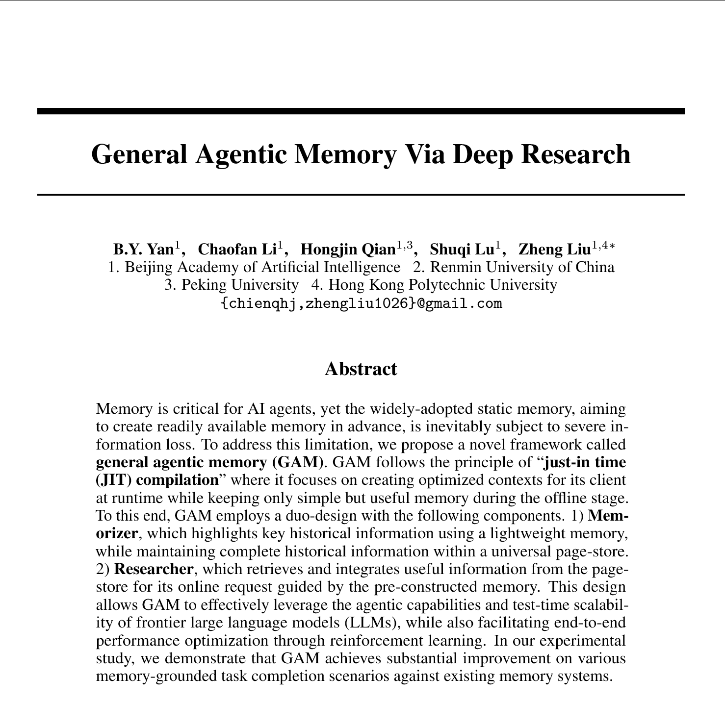智源研究院和人大等研究机构合发的论文：General Agentic Memor