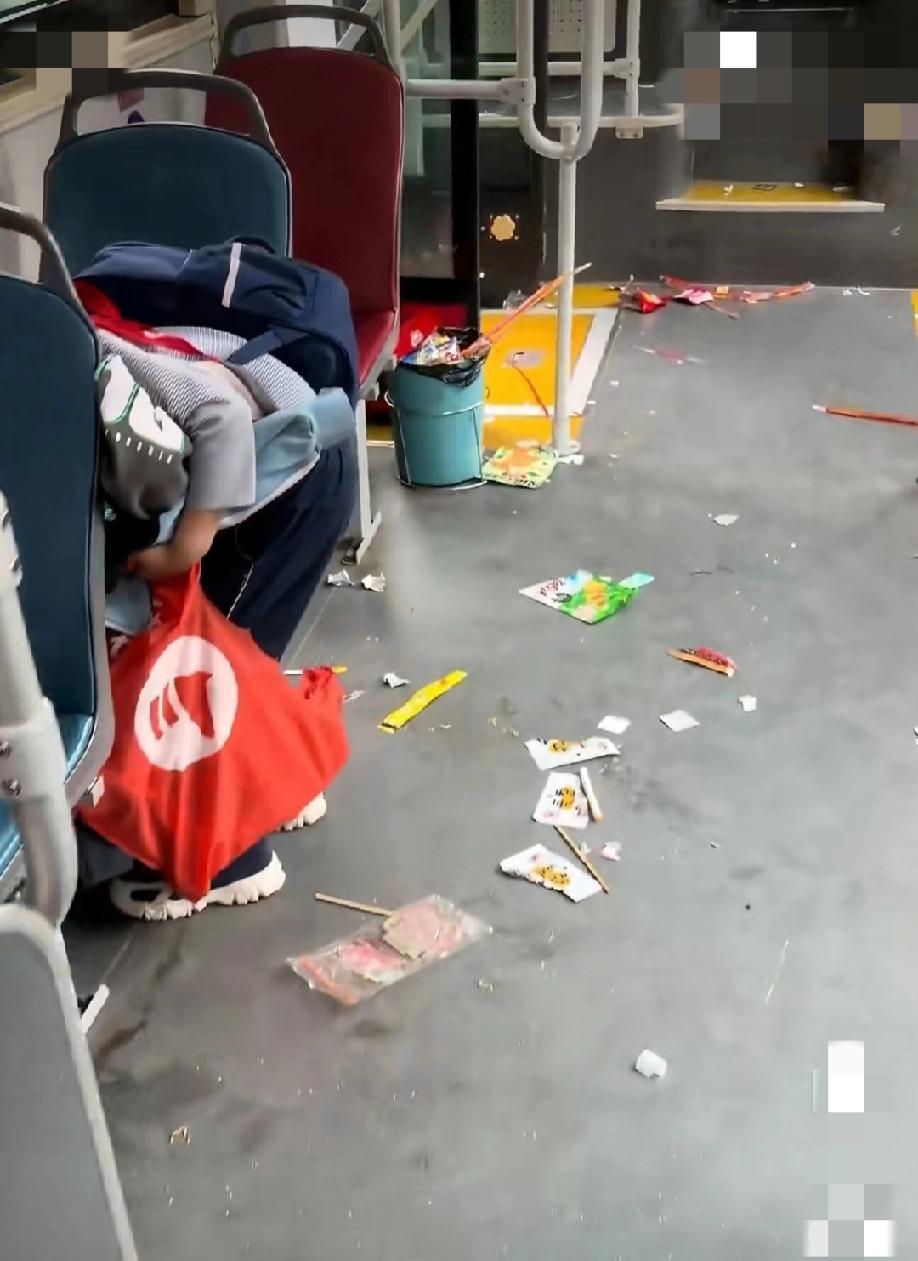 重庆。一公交司机发视频称:学生放学乘车后，车厢常被零食袋、纸屑、果皮等垃圾弄得满