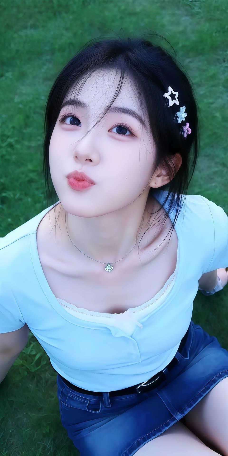 夏日清新少女，绿草地上甜美自拍🌿💖