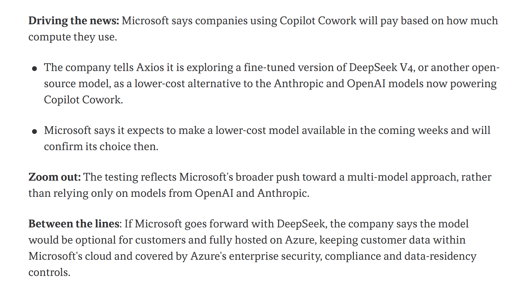 微软考虑将 DeepSeek V4 引入 Copilot Cowork 