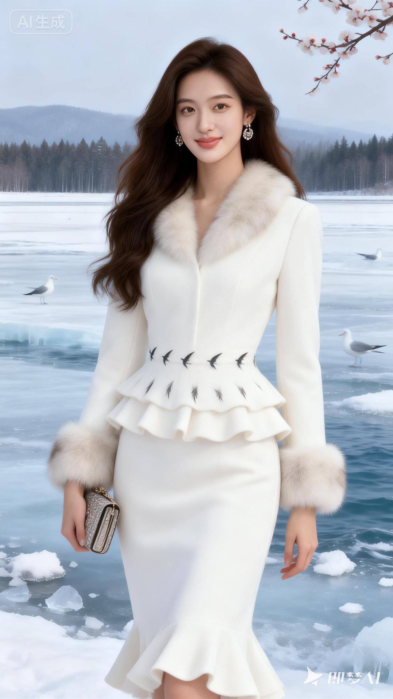 冬日雪景中的优雅白裙，尽显时尚与自然之美。