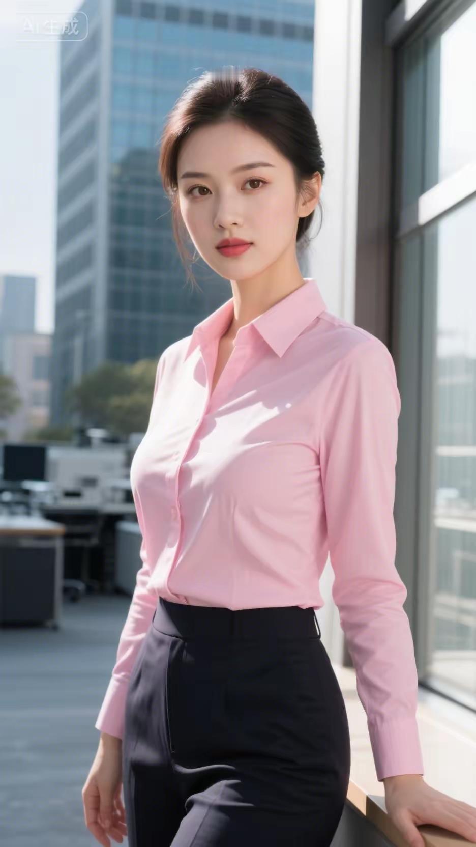 职场女强人，粉色衬衫搭配黑色裤子，自信满满！