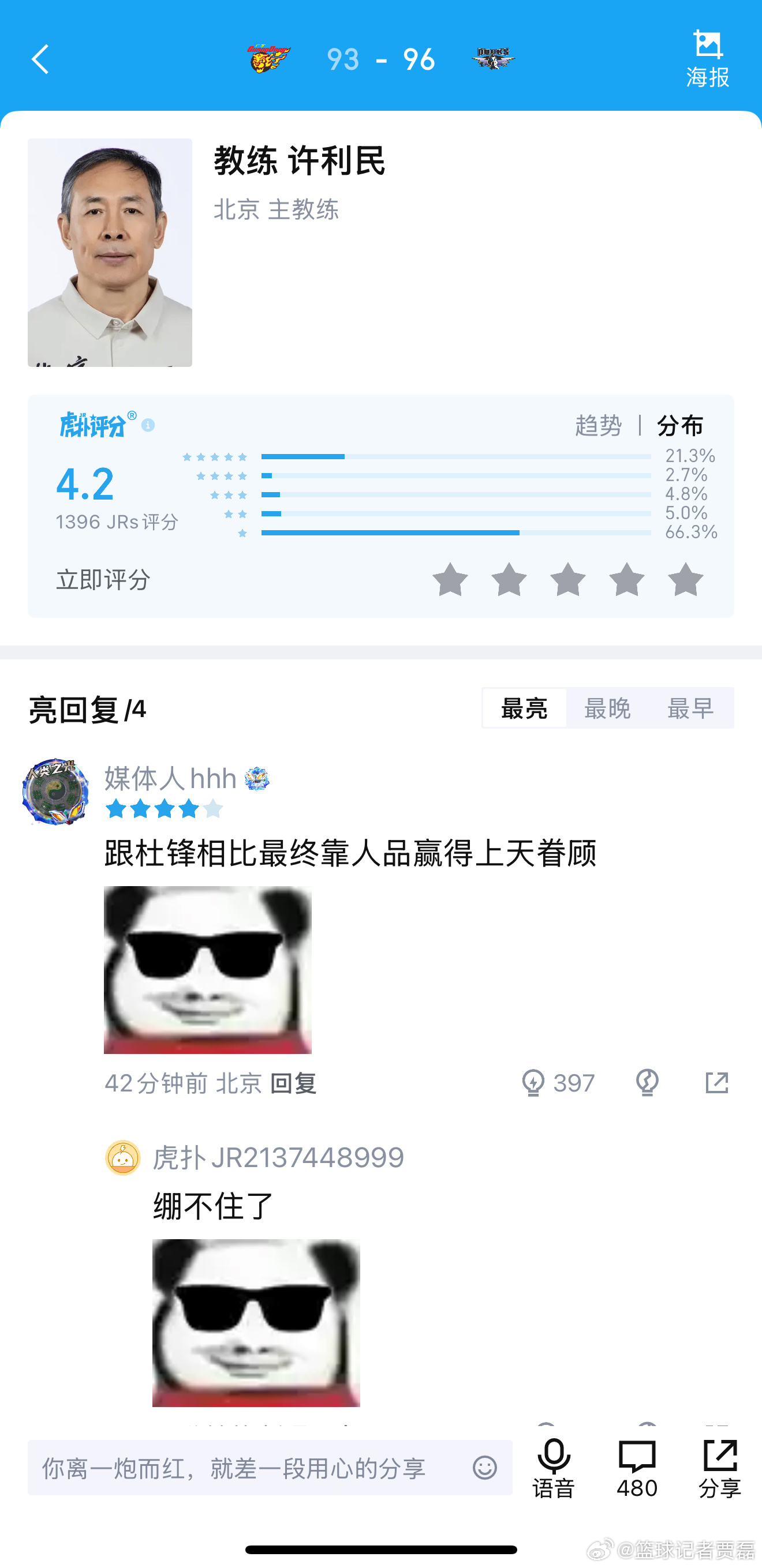 很难想象一场20分大逆转的比赛两支球队的教练评分都这么低，要不然换换？