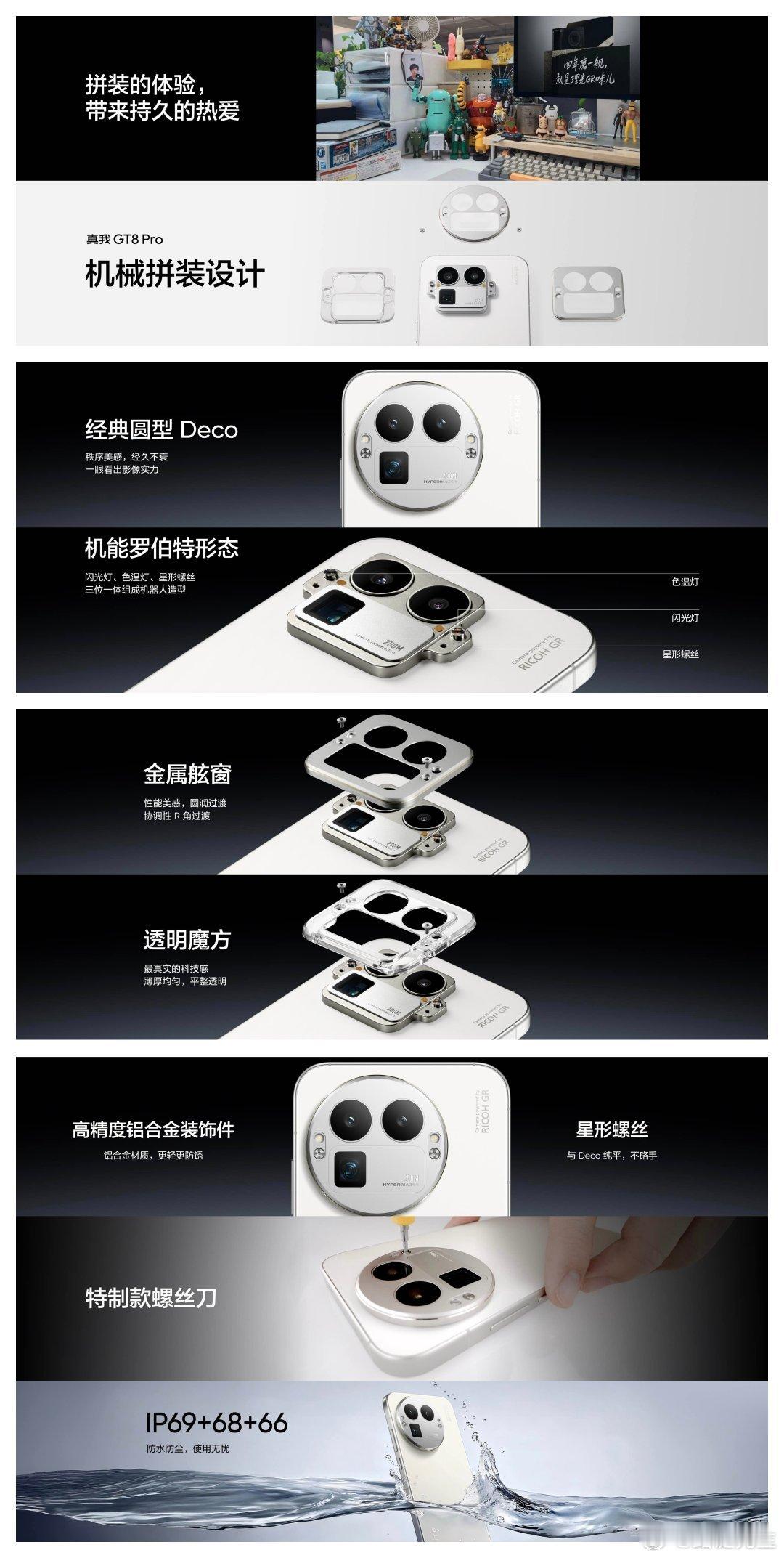 真我GT8Pro行业首创相机Deco机械拼装设计，告别非方即圆。 ​​​