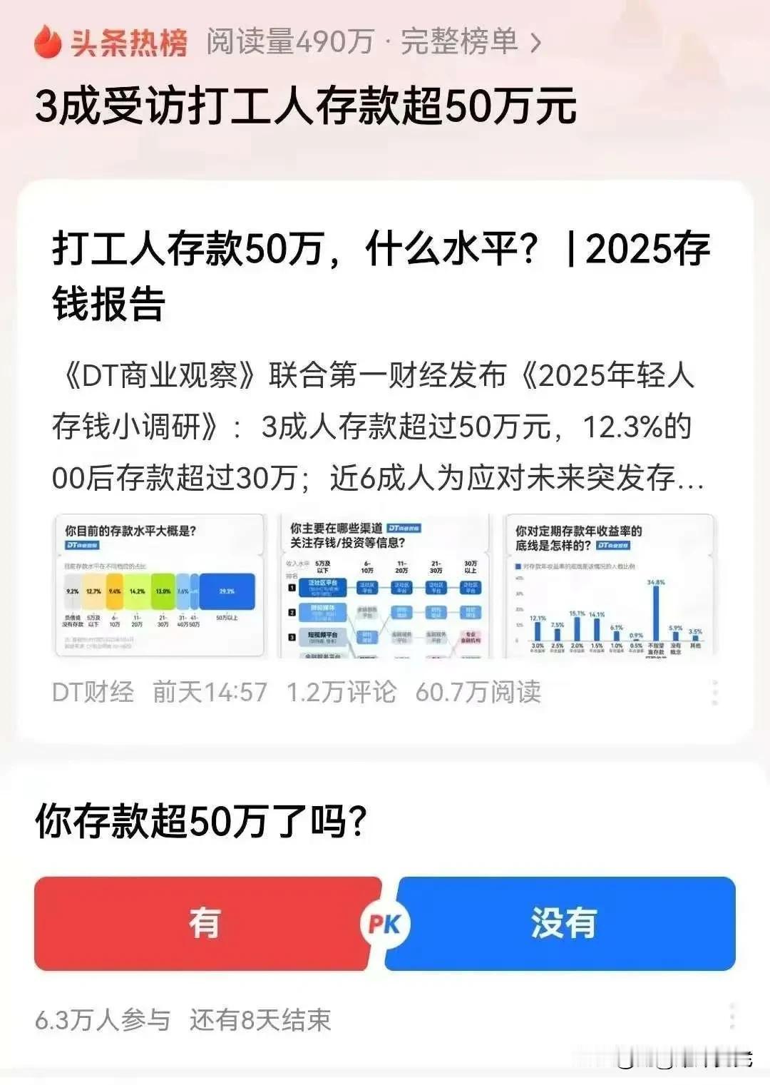 第一财经透露:

中国国内三成打工人存款超50万，12.3%的00后存款超30万
