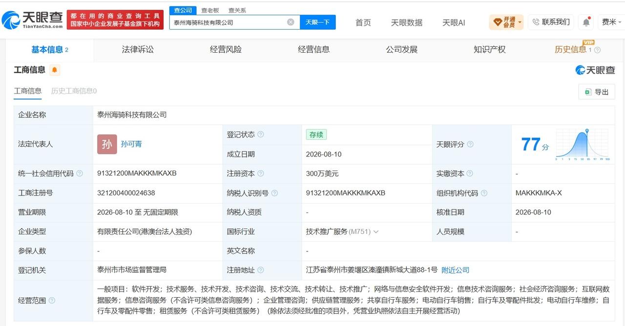 【美团在泰州成立新科技公司 注册资本300万美元】
天眼查App显示，8月10日