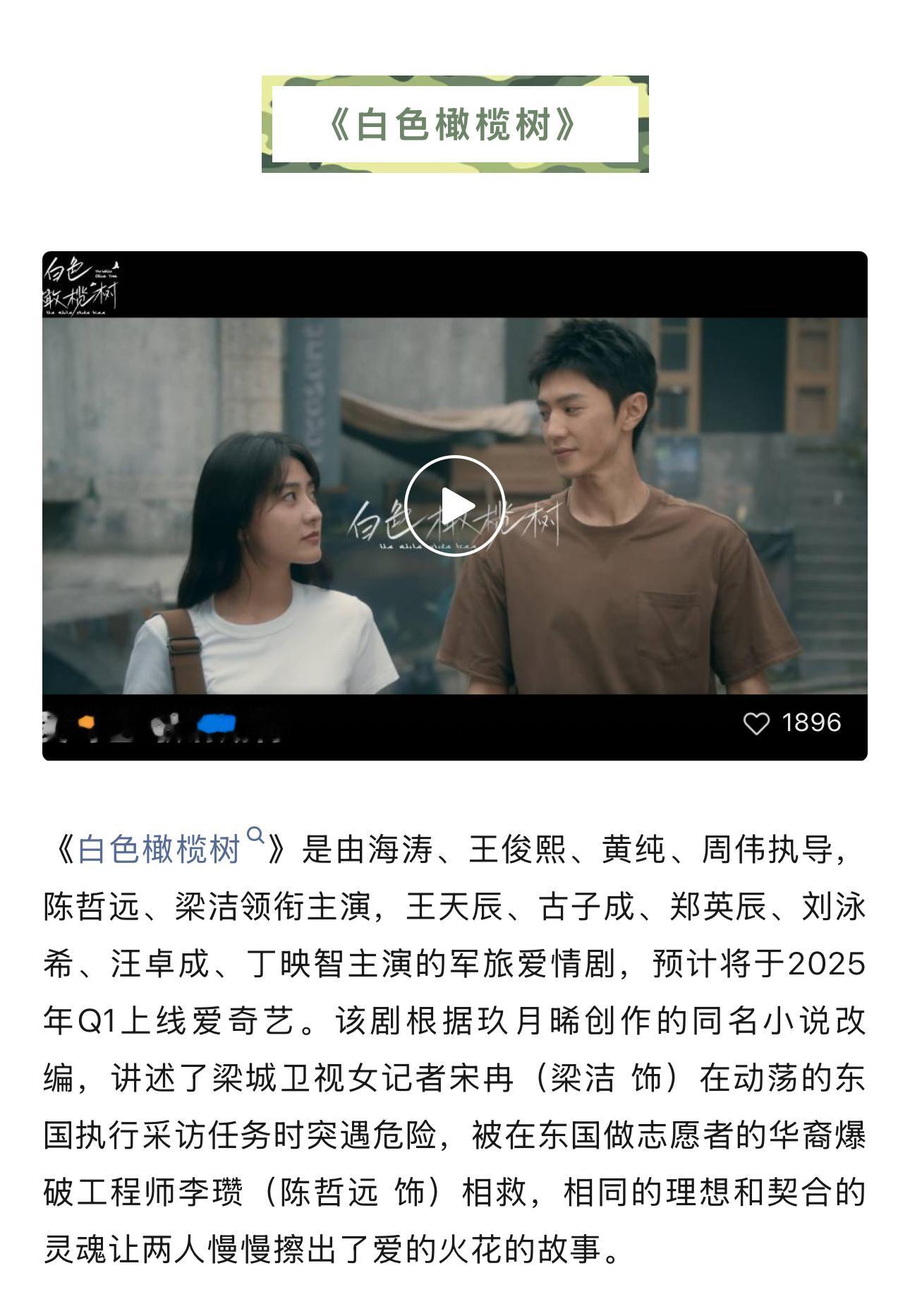 陈哲远跟梁洁的《白色橄榄树》开启播前招商了暂定明年Q1[彩虹屁] 
