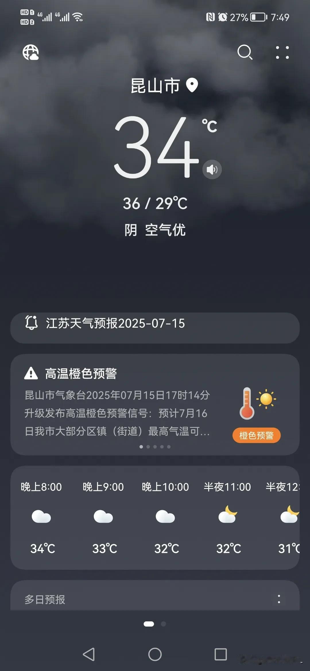 昆山这几天的气温很高，苏州气象台发布了高温橙色预警，白天感觉得有四十度，晚上也有