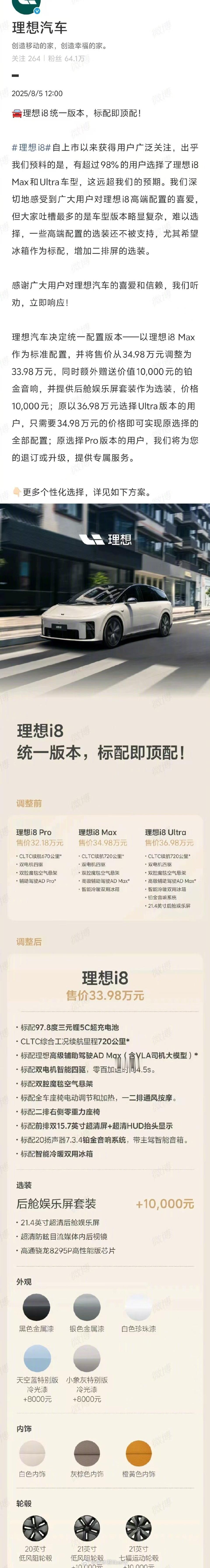 意外不意外？不用再高低配纠结了理想i8三个版本统一成一个另外标配冰箱取消了90度