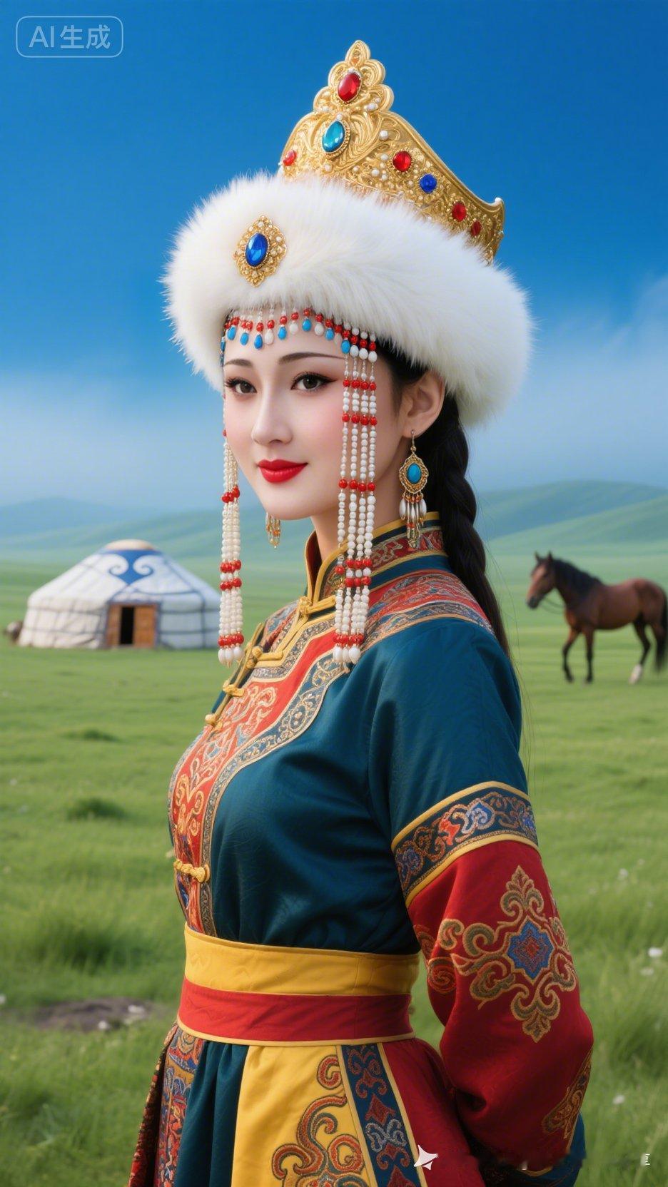 草原上的美女穿着华丽的民族服装。