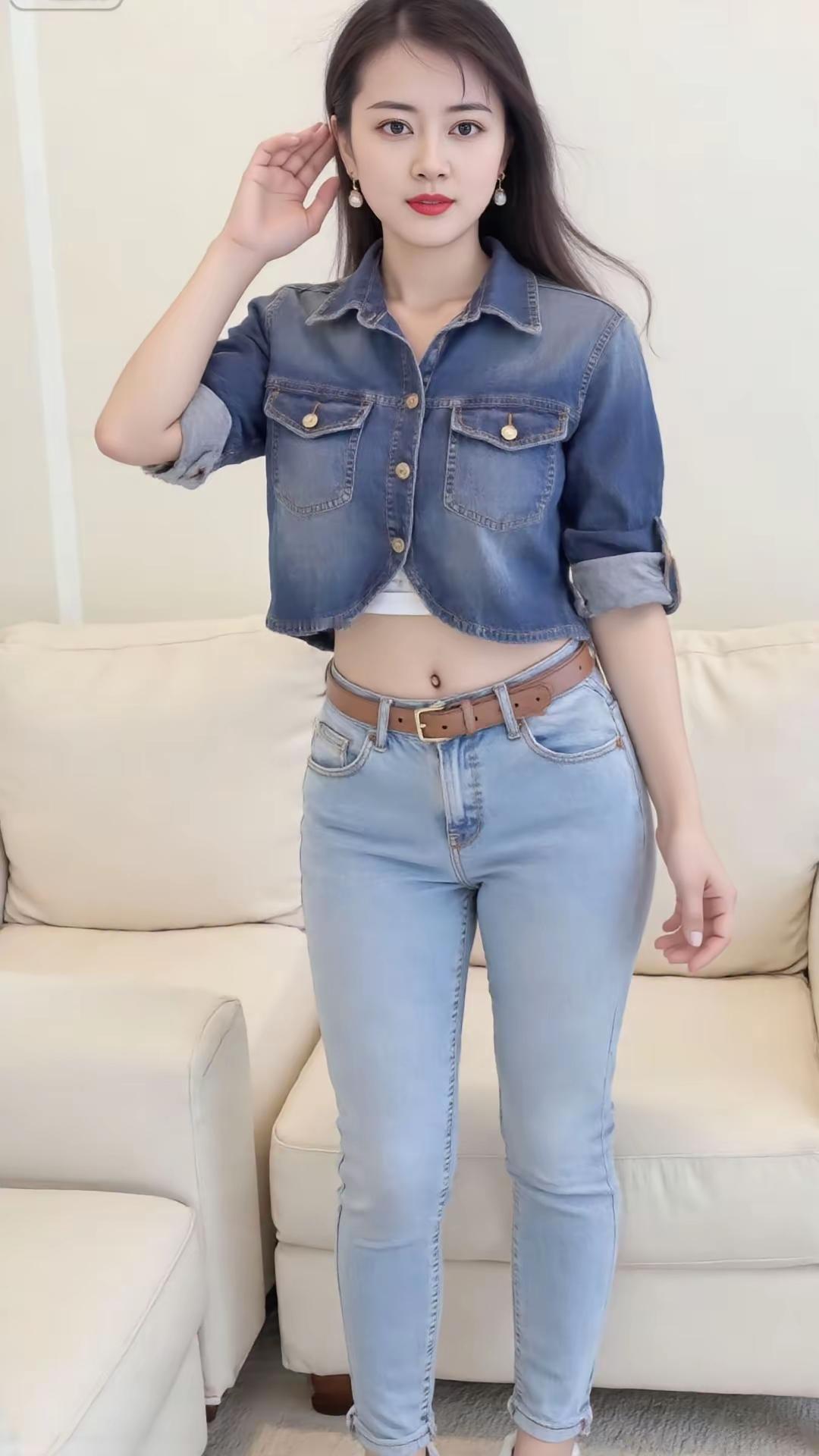 这位小姐姐穿着牛仔套装，真帅气！