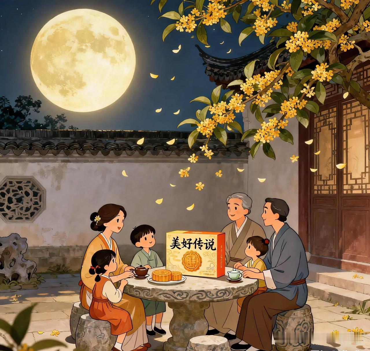 小院里摆上一张矮桌，月饼、苹果、葡萄、花生堆得满满当当，大人们摇着蒲扇有一搭没一
