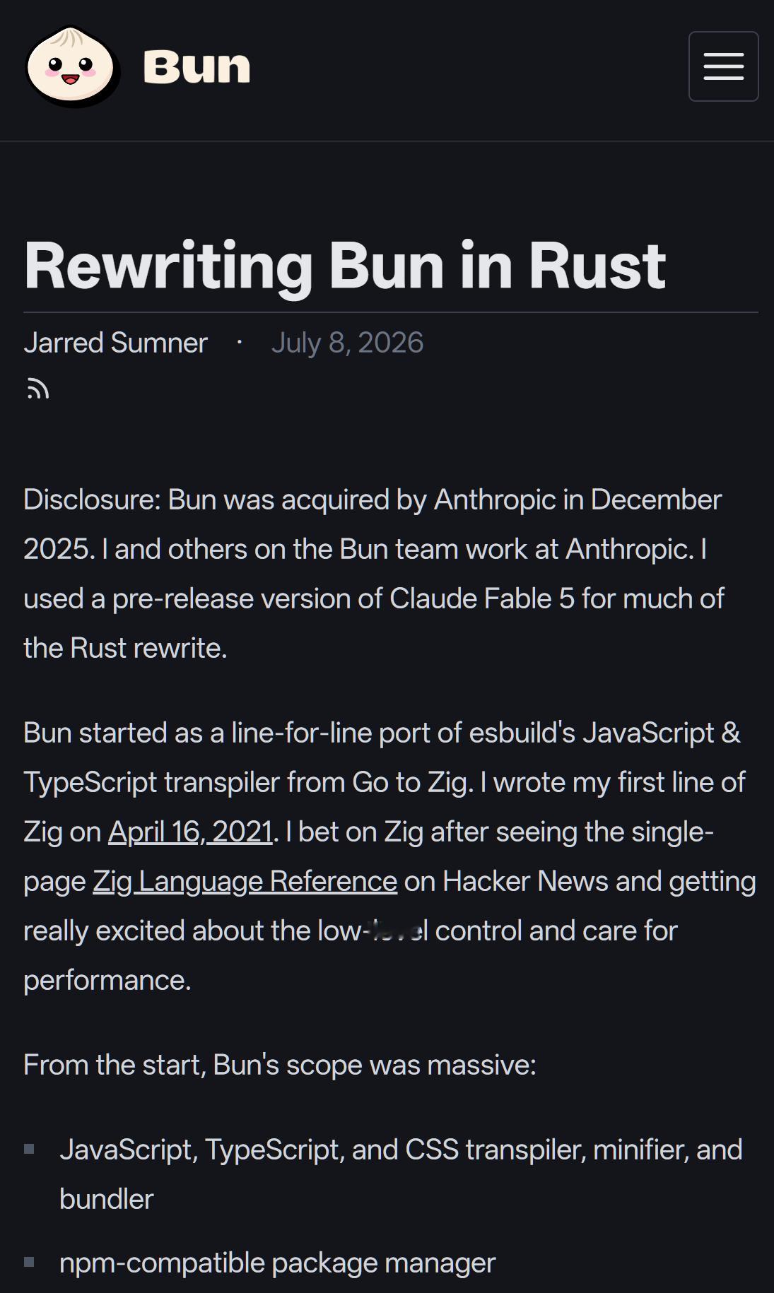 Bun团队终于发官博分享他们用 Rust 重写 Bun的过程了，也透露了就是用的