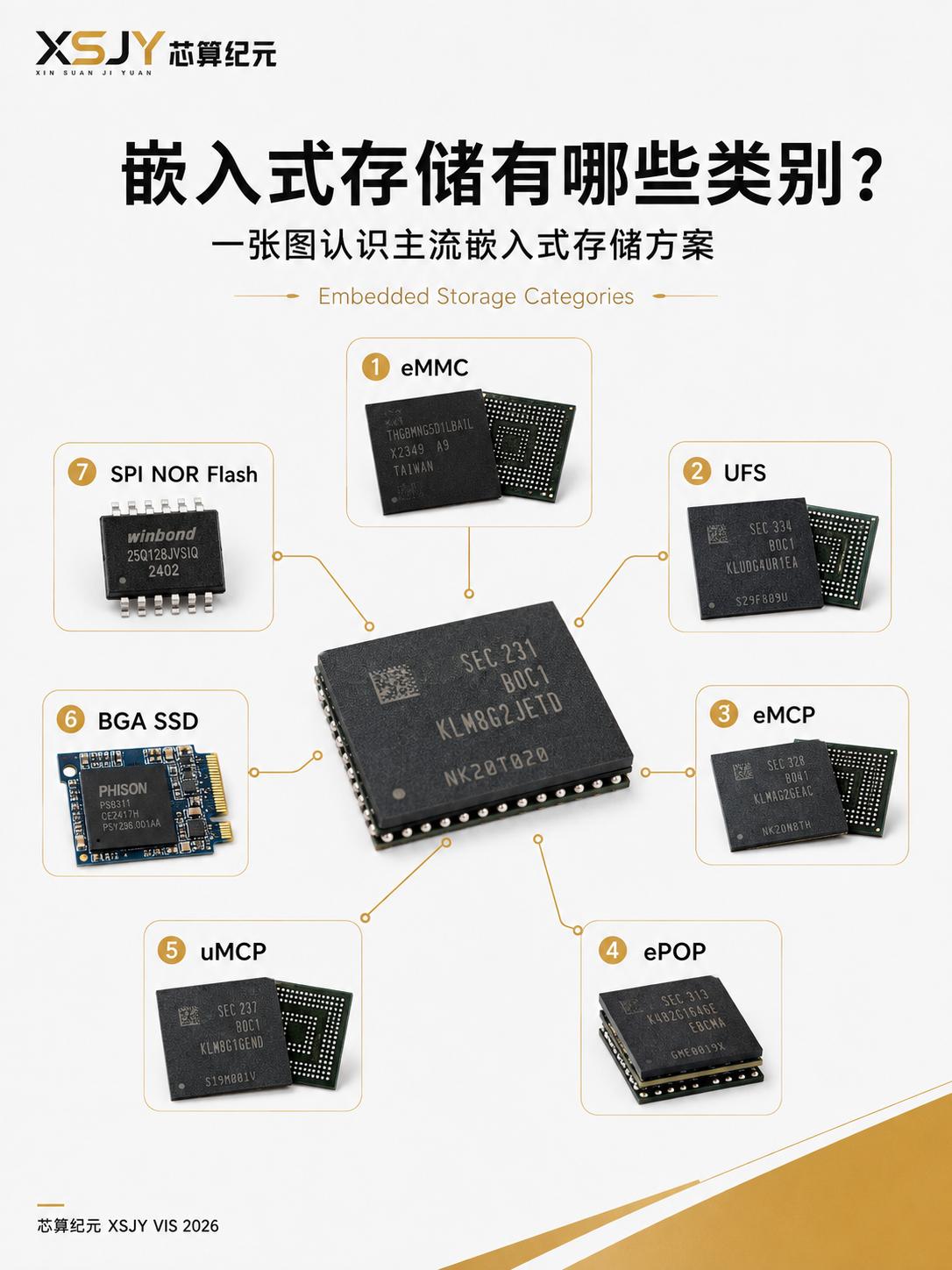 一套图看懂嵌入式存储分类
从 eMMC、UFS 到 MCP、BGA SSD，快速