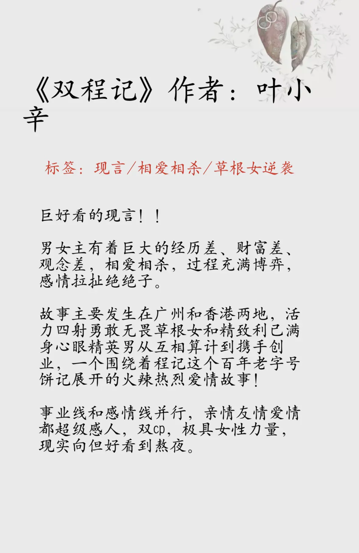 宝藏熬夜佳作！热烈励志草根女X满身心眼精英男《双程记》作者：叶小辛 书...