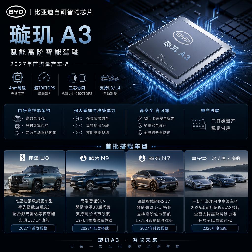 比亚迪自研的璇玑A3智驾芯片，开始量产了。
🚕这颗芯片采用4纳米制程，单颗算力