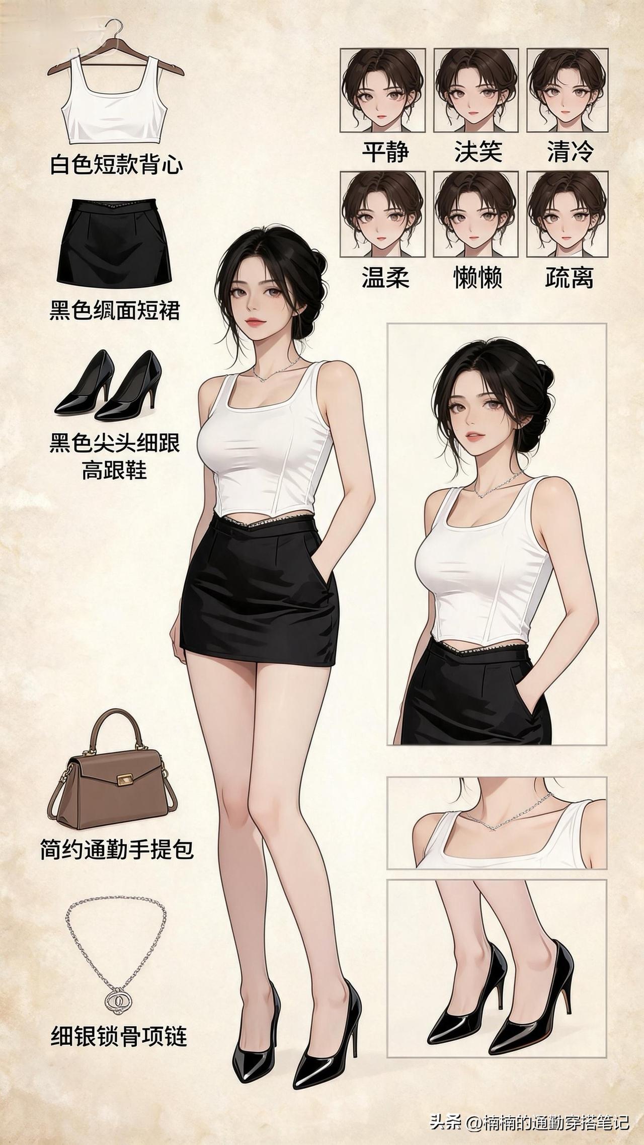 偏爱干净利落的轻熟通勤感，一身简约黑白，藏着独属于女生的清冷气场。盘发衬得眉眼柔