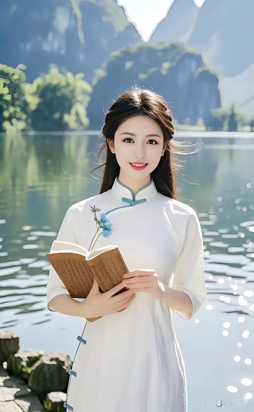 在山水间悠然自得，手持古书，感受岁月静好。