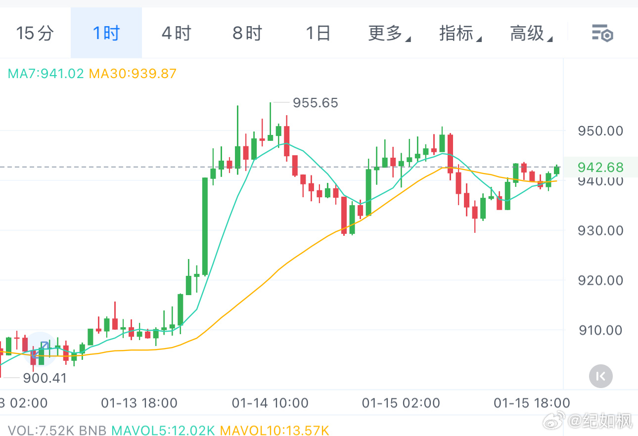 1.15-纪如枫行情分析（BNB):BNB四小时震荡整理，昨晚稍有回踩也撑住了，