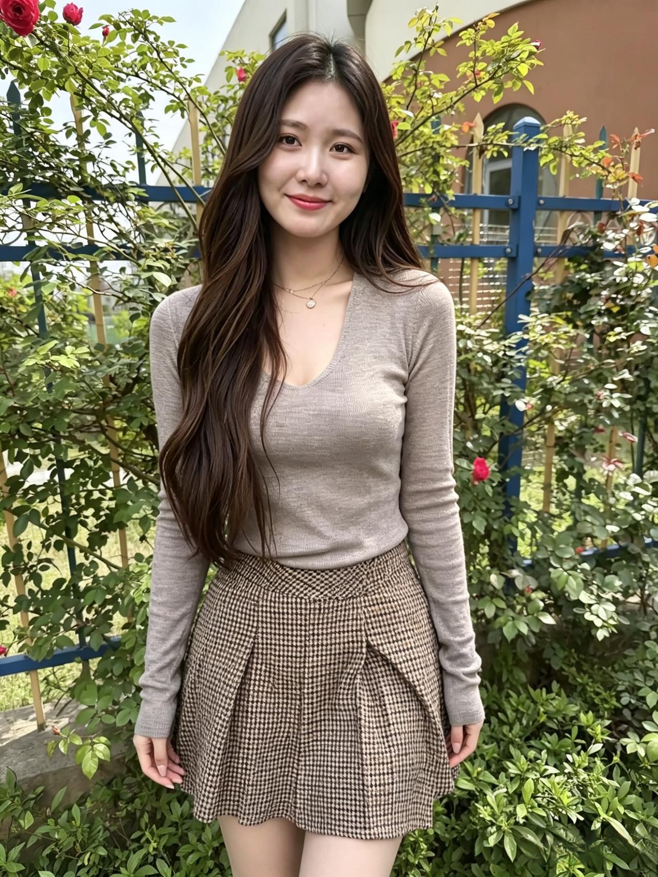 长发如云衬玉容，浅衫低领自从容。
庭前花下亭亭立，一室清辉为彼浓。
眉眼含春春不