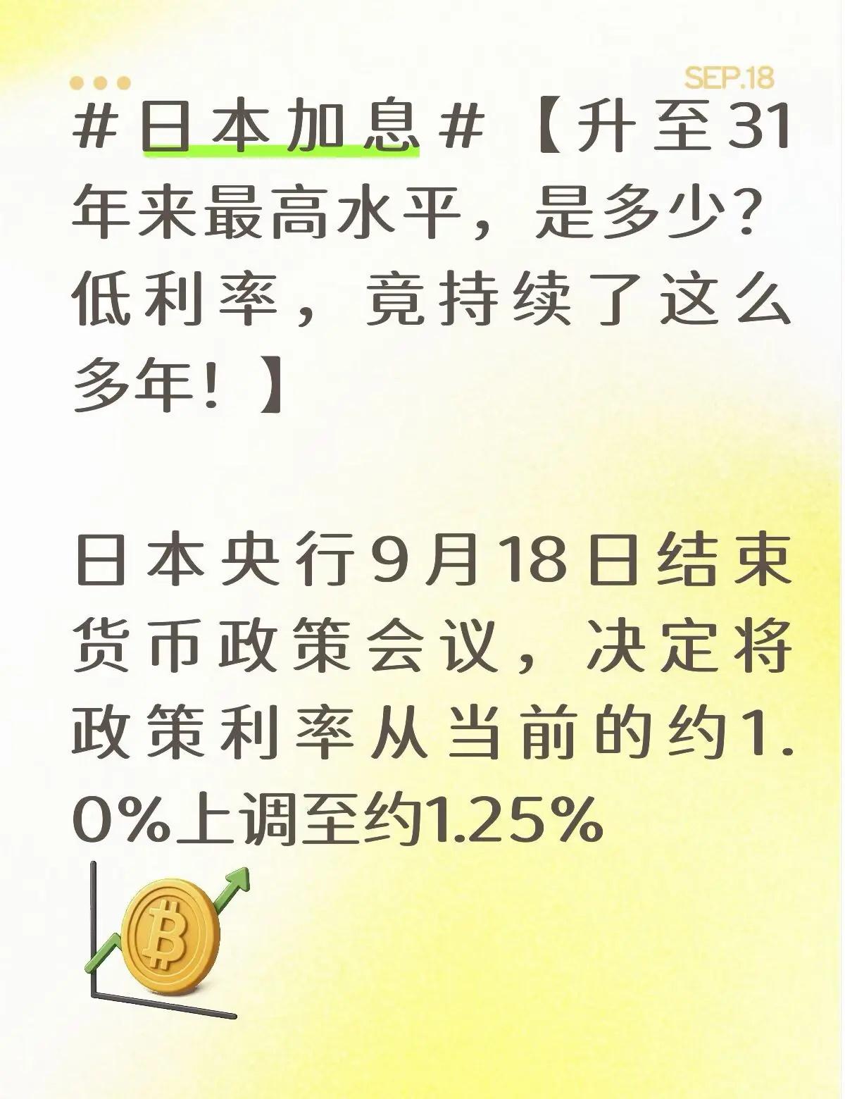 日本加息【升至31年来最高水平，是多少？低利率，竟持续了这么多年！】日本央行9月