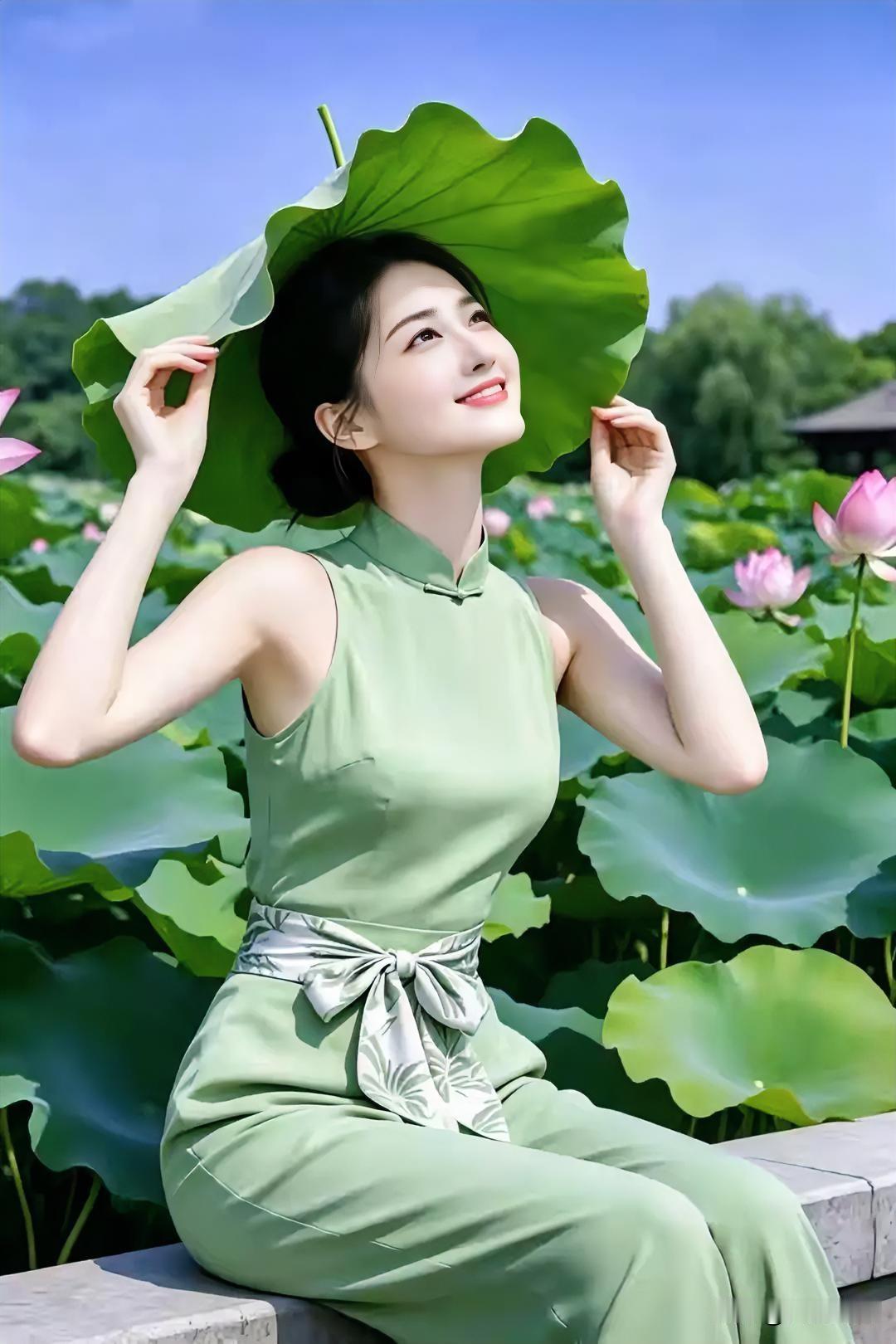 夏日荷塘，绿意盎然，仙气飘飘的少女与荷叶相映成趣。
