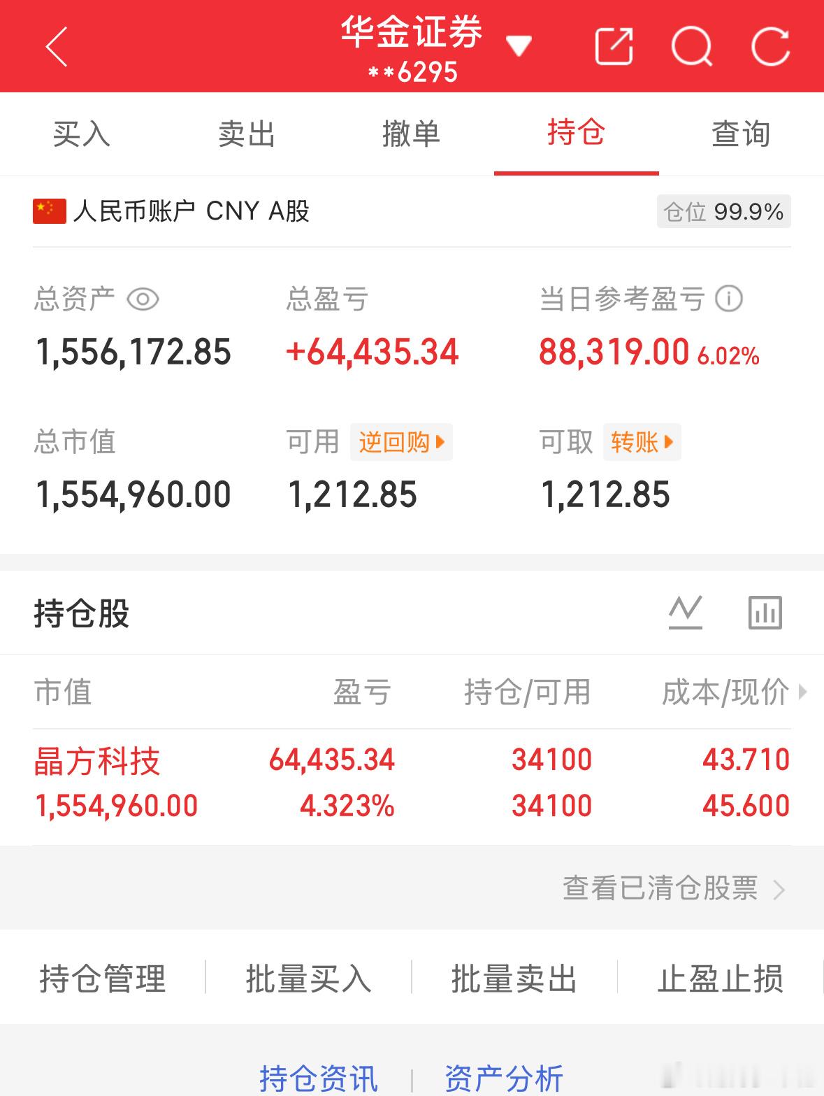 5.28炒股第154天（初始50万）总资产：1556172当日参考盈亏：+883