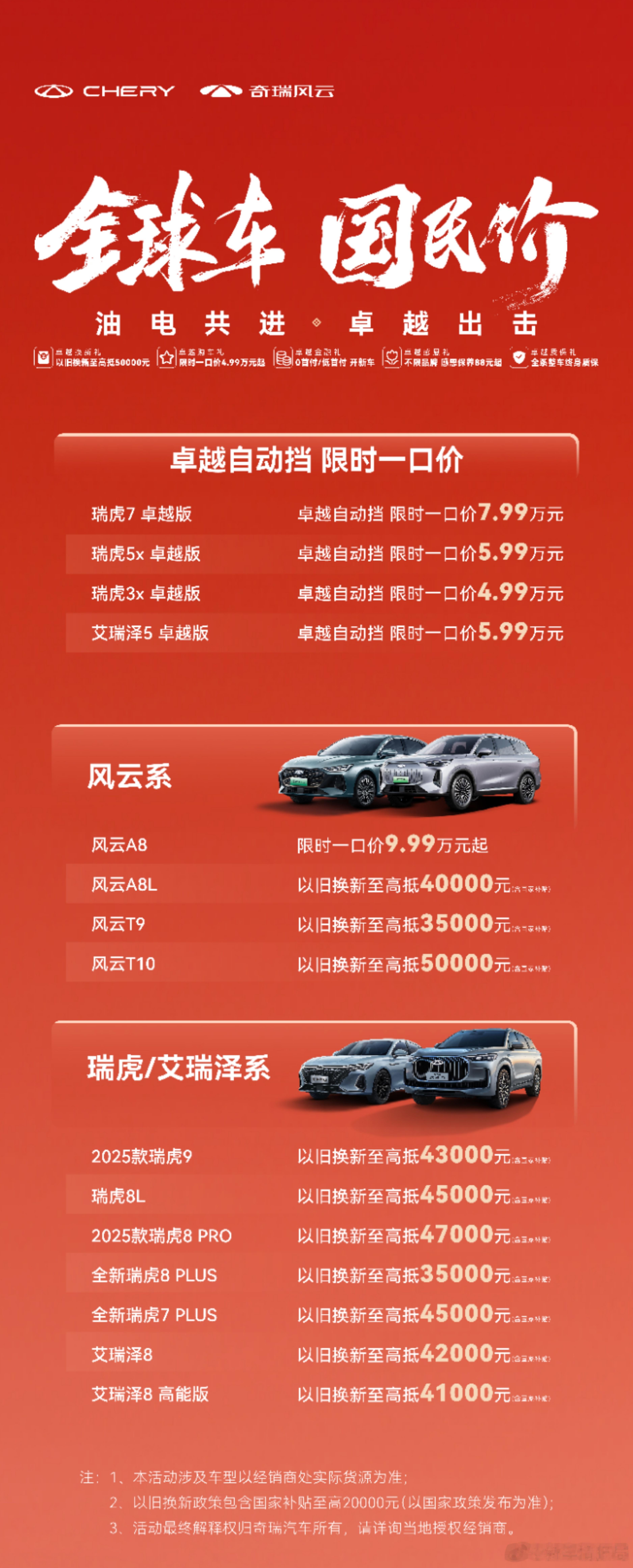 奇瑞限时一口价4.99万元起  2月8日，奇瑞汽车推出五重卓越礼，其中针对多款车