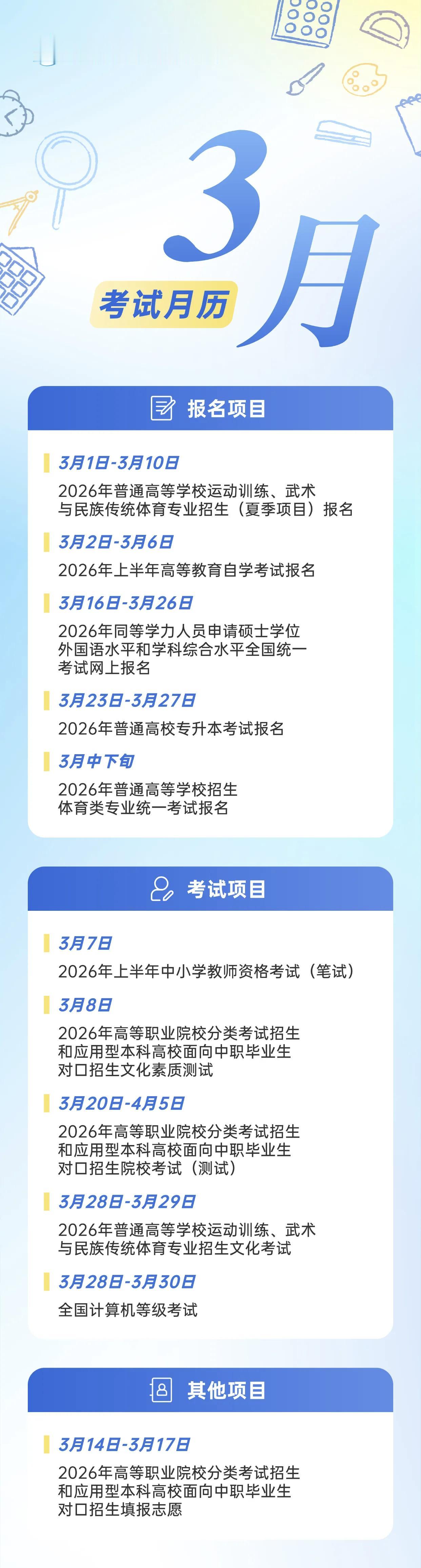 2026年3月安徽省教育招生考试月历