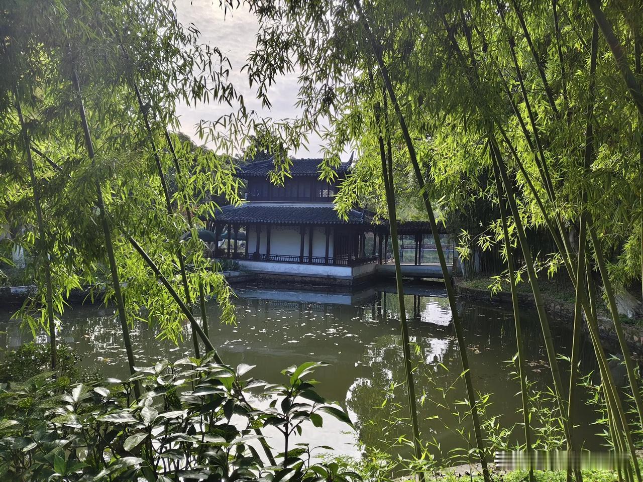 竹林掩映，建筑古朴。
江南园林，水中倒影。