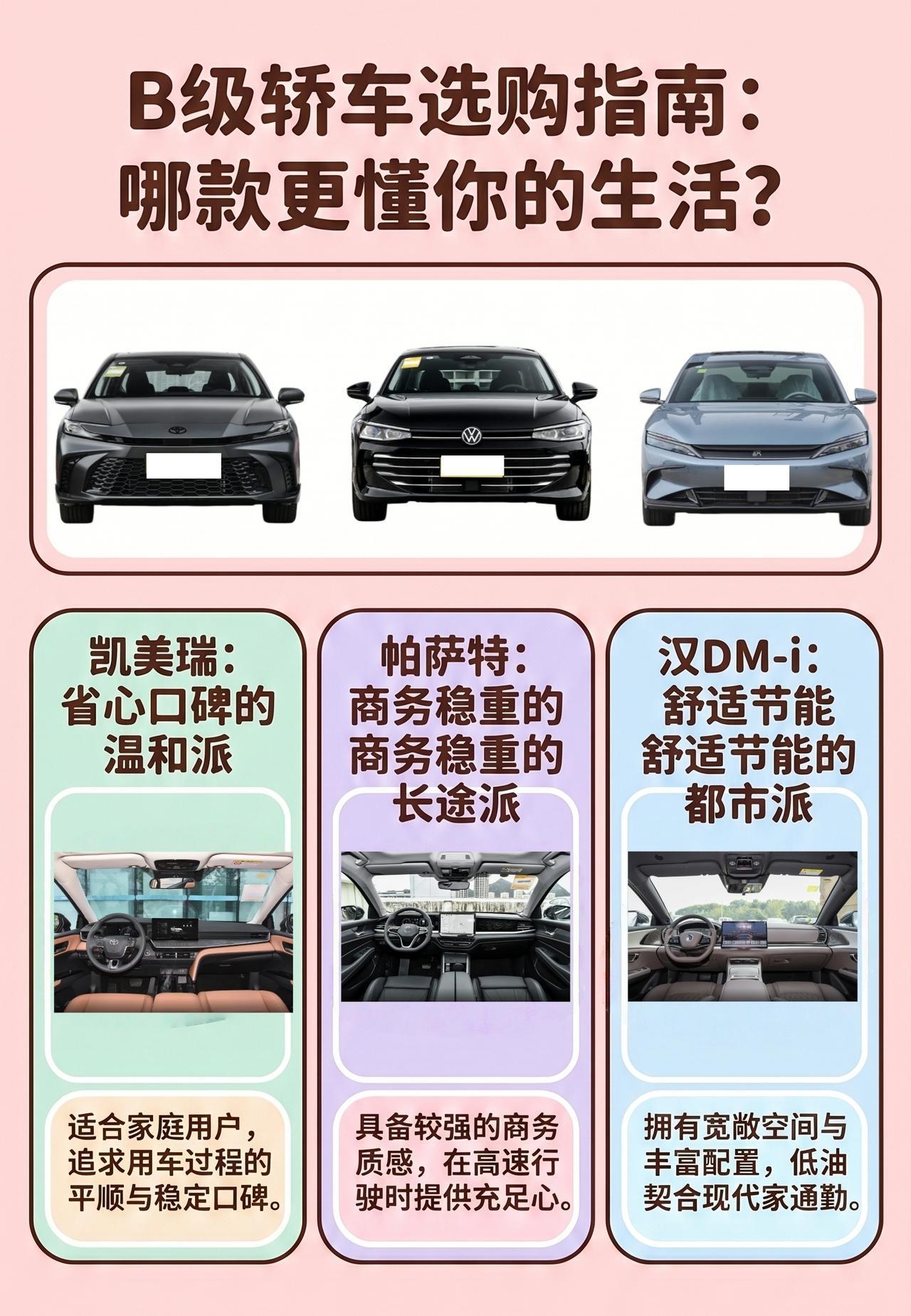 【B级车还买油车吗：凯美瑞、帕萨特、汉DM-i怎么选？】
我认为选B级车，看的不