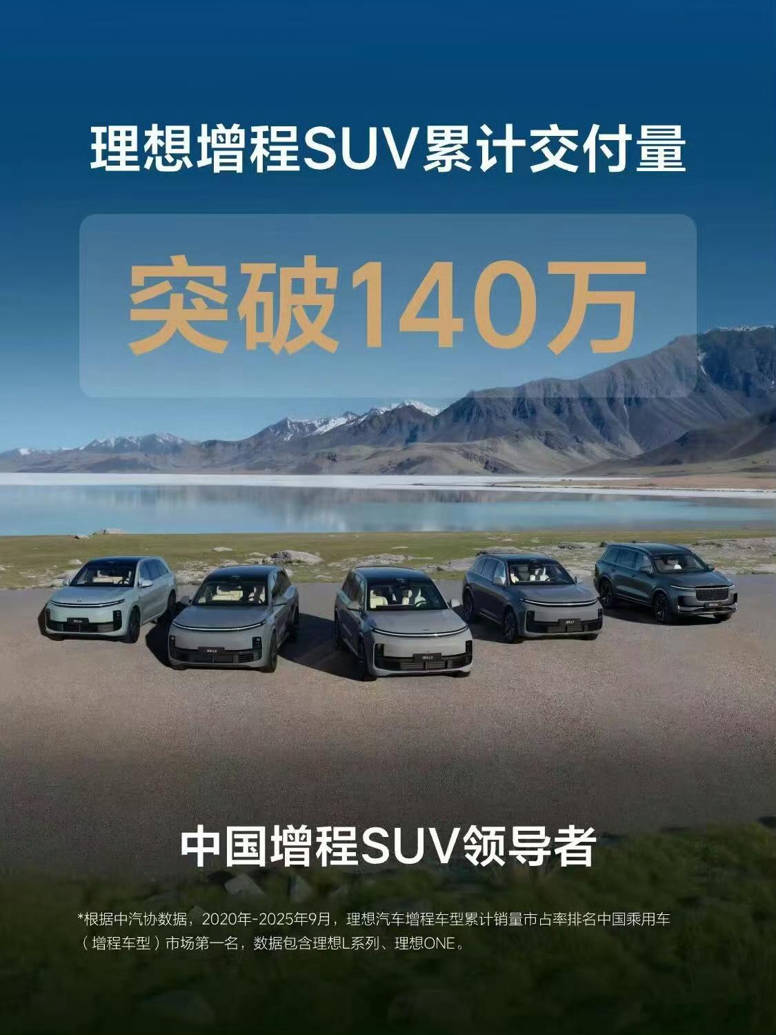 增程 SUV 领导者理想汽车，增程 SUV（不包括纯电系列） 交付突破 140 