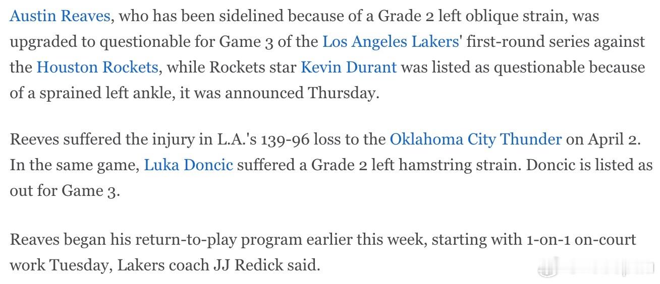 里弗斯第三场居然调到出战成疑了。虽然斜肌的伤对他来说更多是疼痛忍耐问题，而且上半