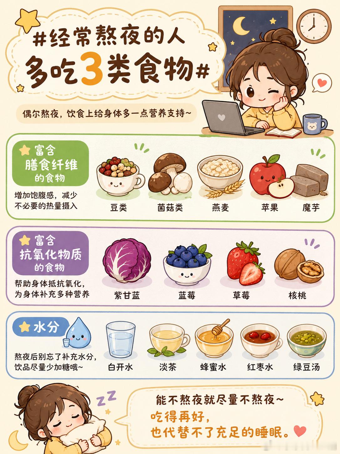 经常熬夜的人多吃3类食物偶尔熬夜后，吃对东西也能给身体多一点营养支持～🌙🥣 