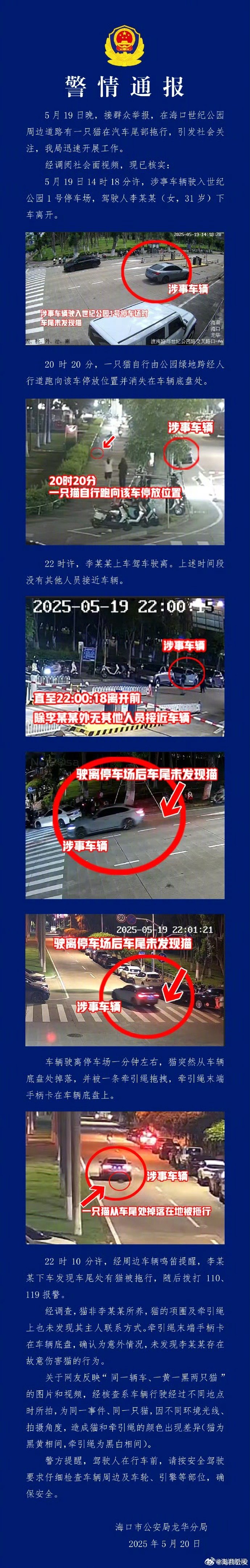 【#海口警方通报司机驾车拖行小猫致死#：系意外，未发现故意虐猫行为】#警方通报驾