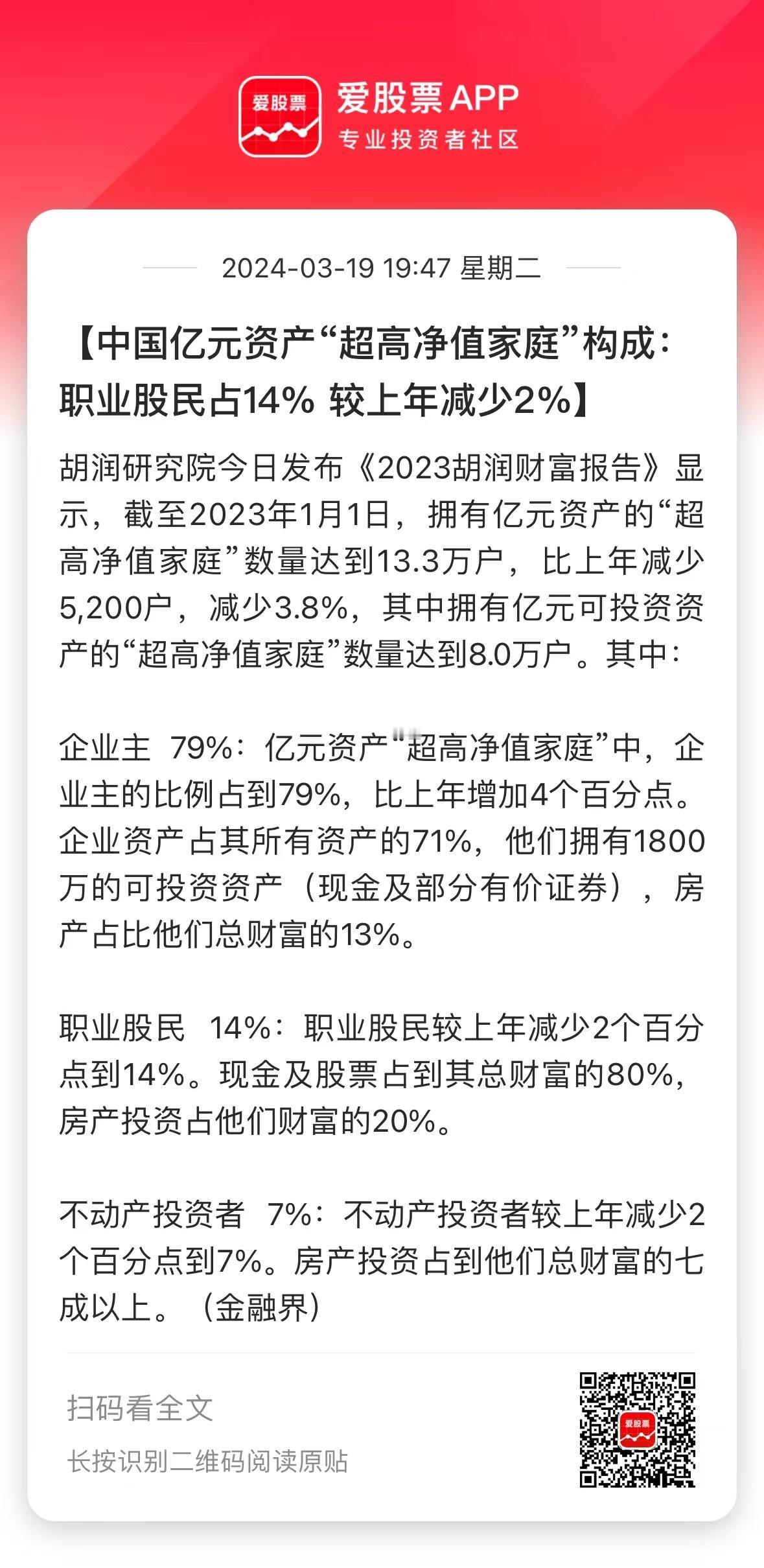 说个有趣的事儿，胡润研究院发布财富报告，国内亿万富豪的构成：企业主占比79%，职