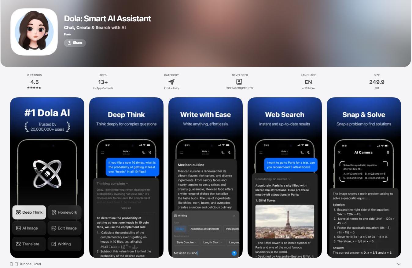 中国AI出海还是得看字节，字节豆包海外版叫Dola，一季度Dola下载量超过72