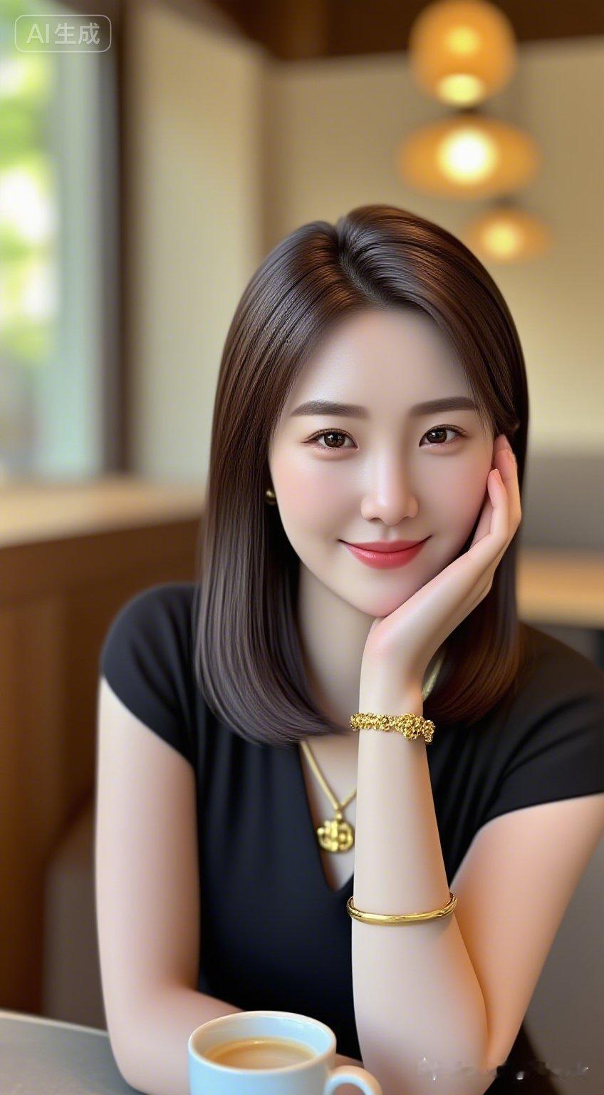 女子身着黑色V领无袖上衣，搭配全套精致金饰。乌黑长发柔顺垂落，单手轻托下巴温婉浅