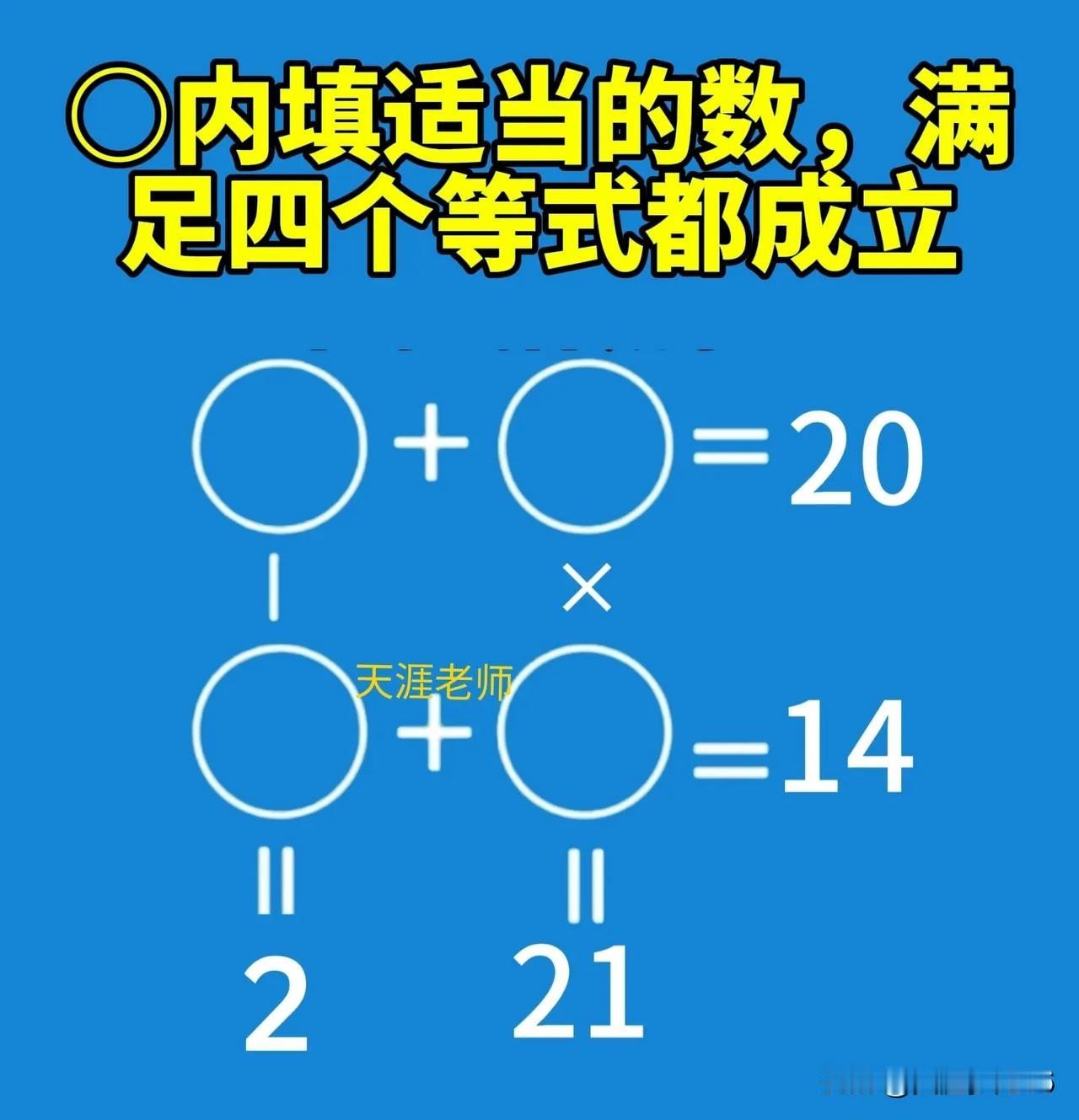 二年级数学培优训练题
【原题】如下图所示，在○内填适当的数，满足四个等式都成立。