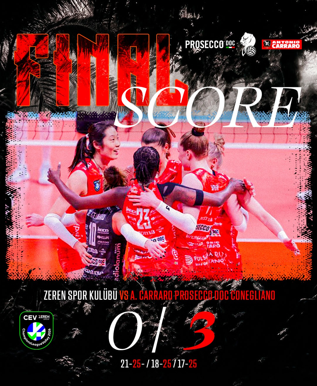 科内利亚诺在欧冠八进四客场对阵泽仁体育的首回合中，3比0完胜，朱婷得到全场最高的