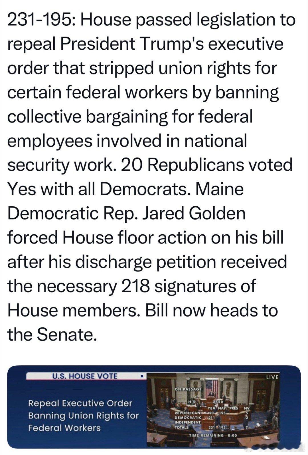 总统发行政令：剥夺部分联邦雇员参加工会、进行集体谈判的权利众议院今天231-19