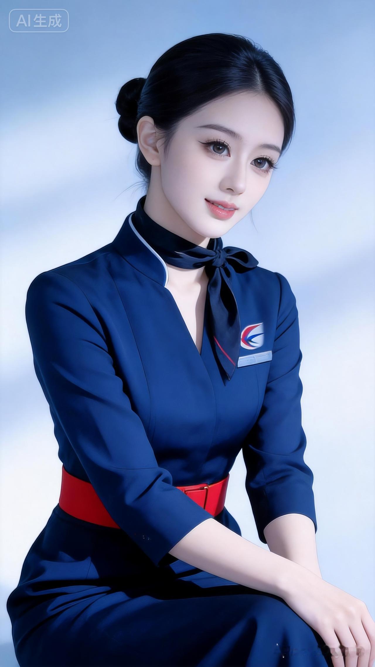 美女冷白皮陶瓷嫩肌，骨相优越兼具网感幼态脸。身着东航深蓝乘务制服，盘发束髻配红腰