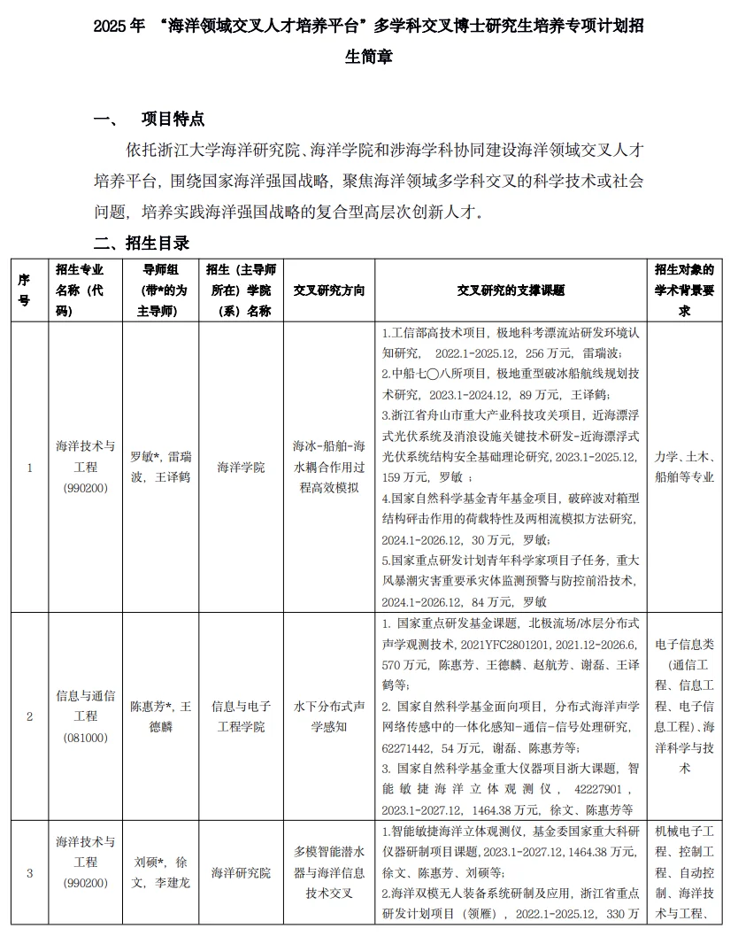 浙江大学25海洋领域交叉博士招生简章