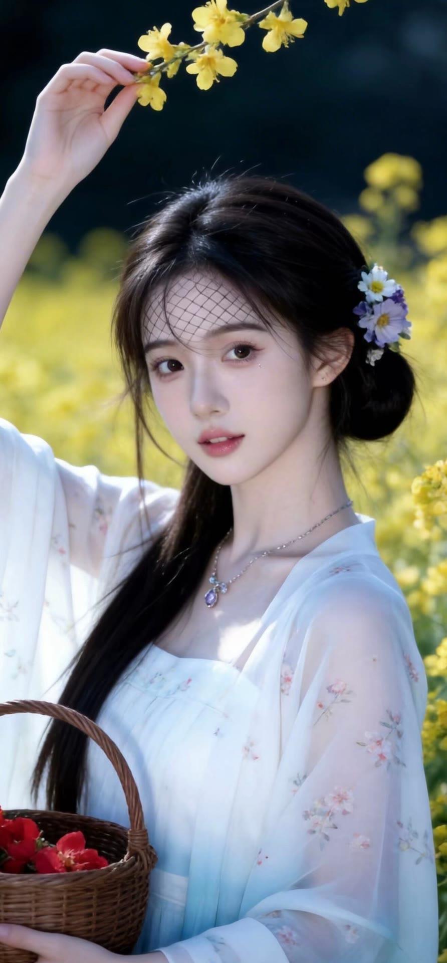 春日野餐，花海中的少女与花篮