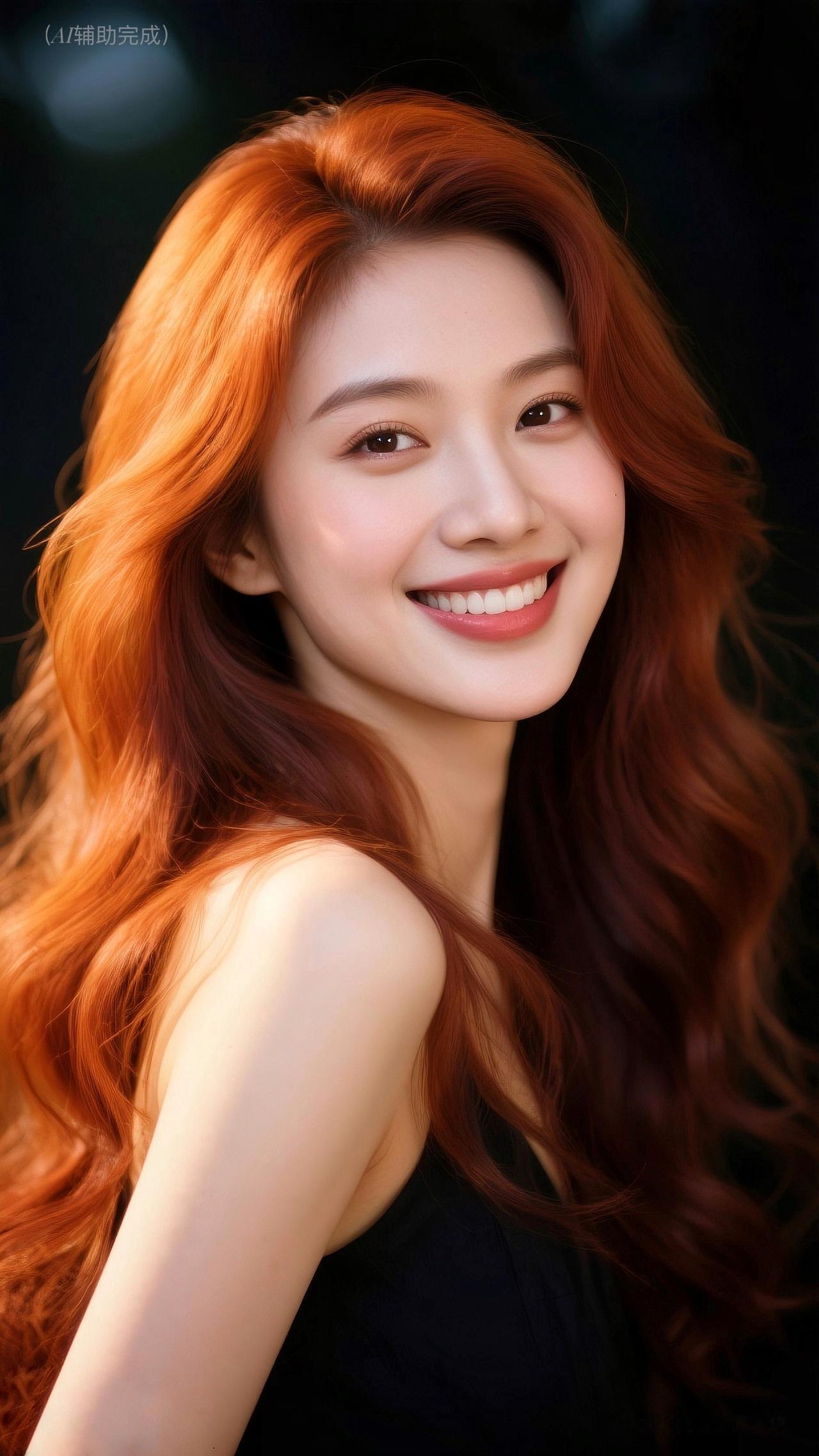 九帧皆燃火焰卷发，红棕流金泛柔光。黑衣露肩颈，眉眼含笑眸藏星，甜笑绽光气质雅。暗