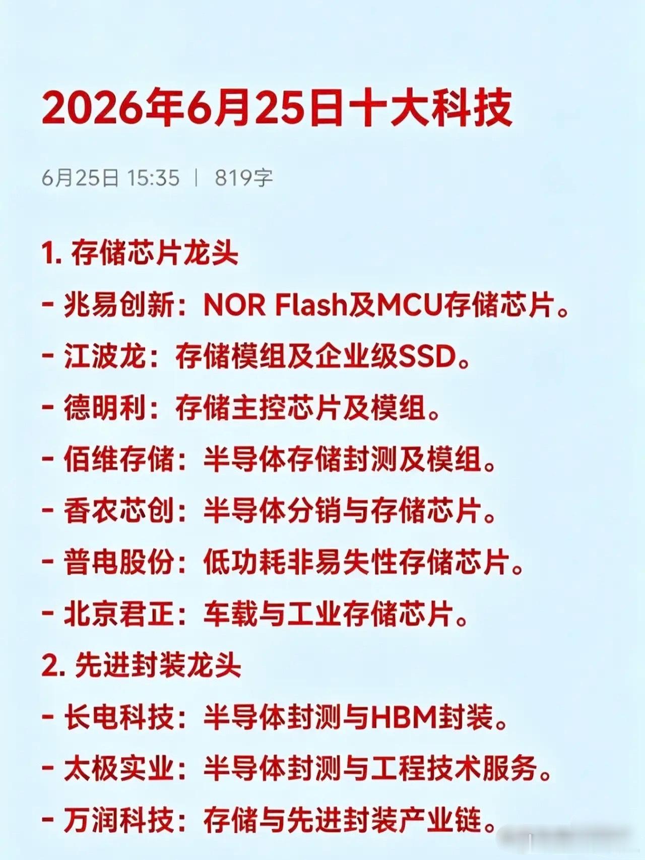 2026年6月25日十大热点科技及其产业链核心龙头1. 存储芯片龙头- 兆易创新