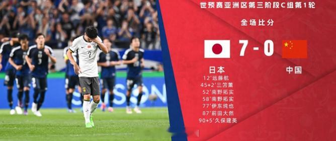 #国足0比7日本# 世预赛亚洲区第三阶段C组第1轮在埼玉体育场展开角逐，中国男足