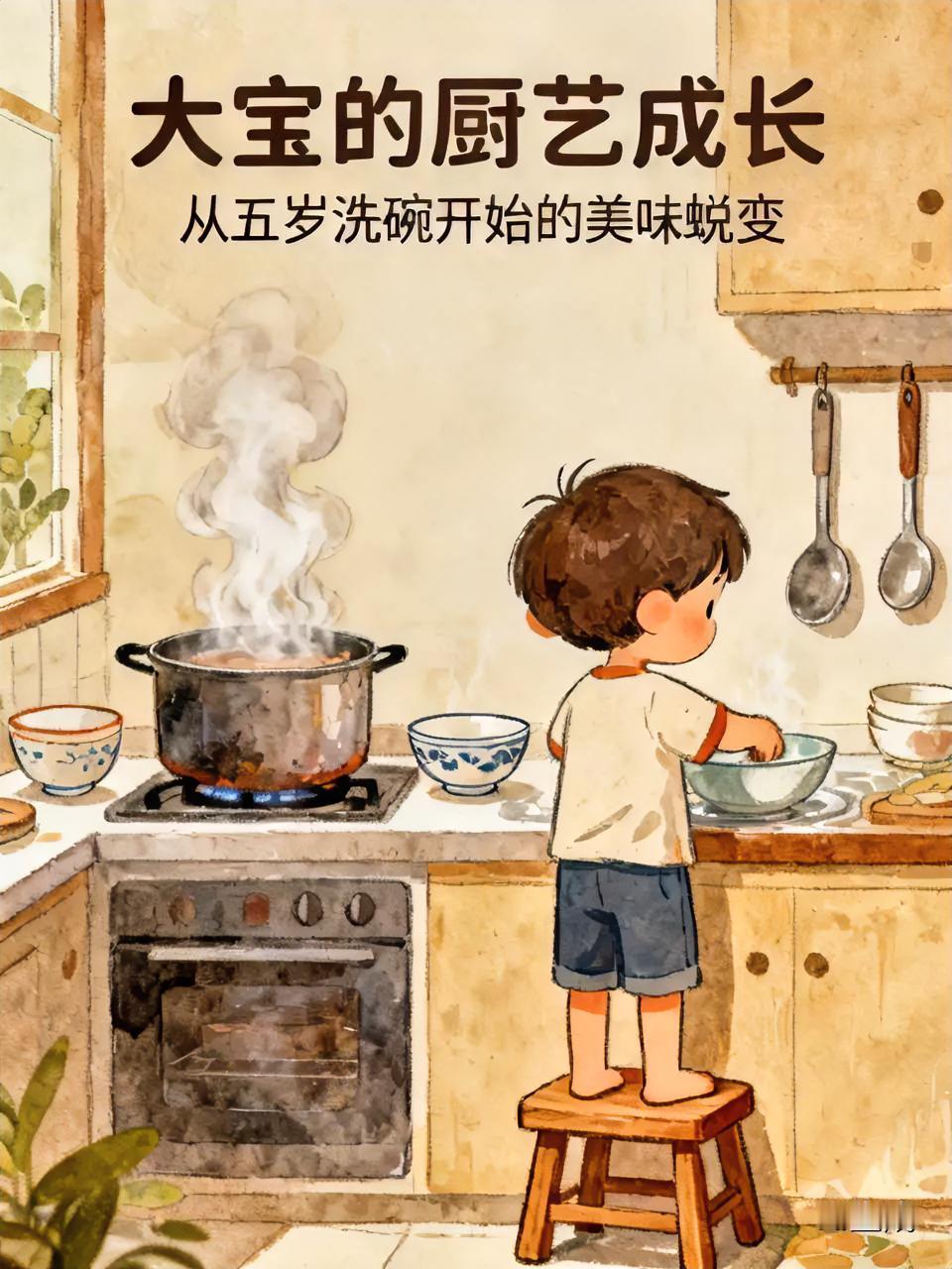 我家外孙大宝五岁就开始站在小板凳上洗碗，如今他做的饭菜比我做了几十年的还好。
分