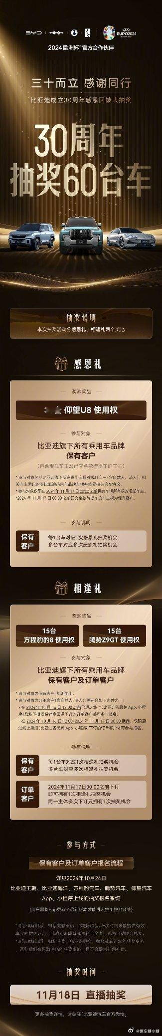 #比亚迪30周年抽30辆仰望送车主#三十而立！恭喜比亚迪成立30周年[赞][赞]