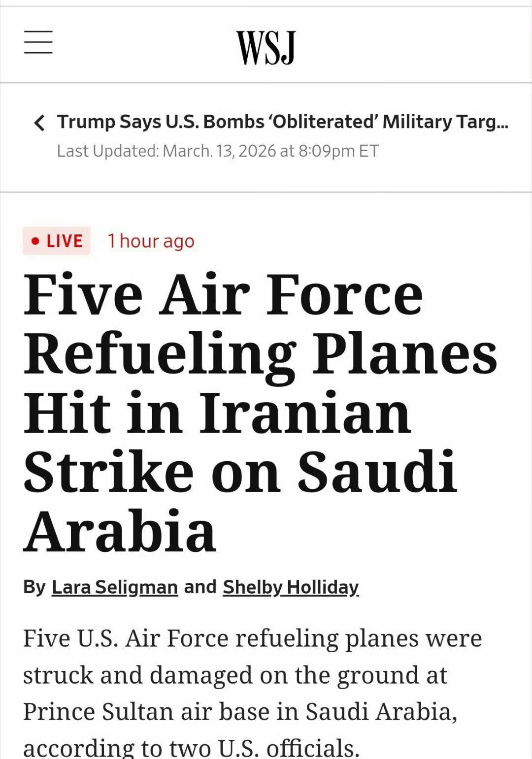 《华尔街日报》：伊朗导弹袭击了沙特的苏丹亲王空军基地，导致地面停放的5架美国空军